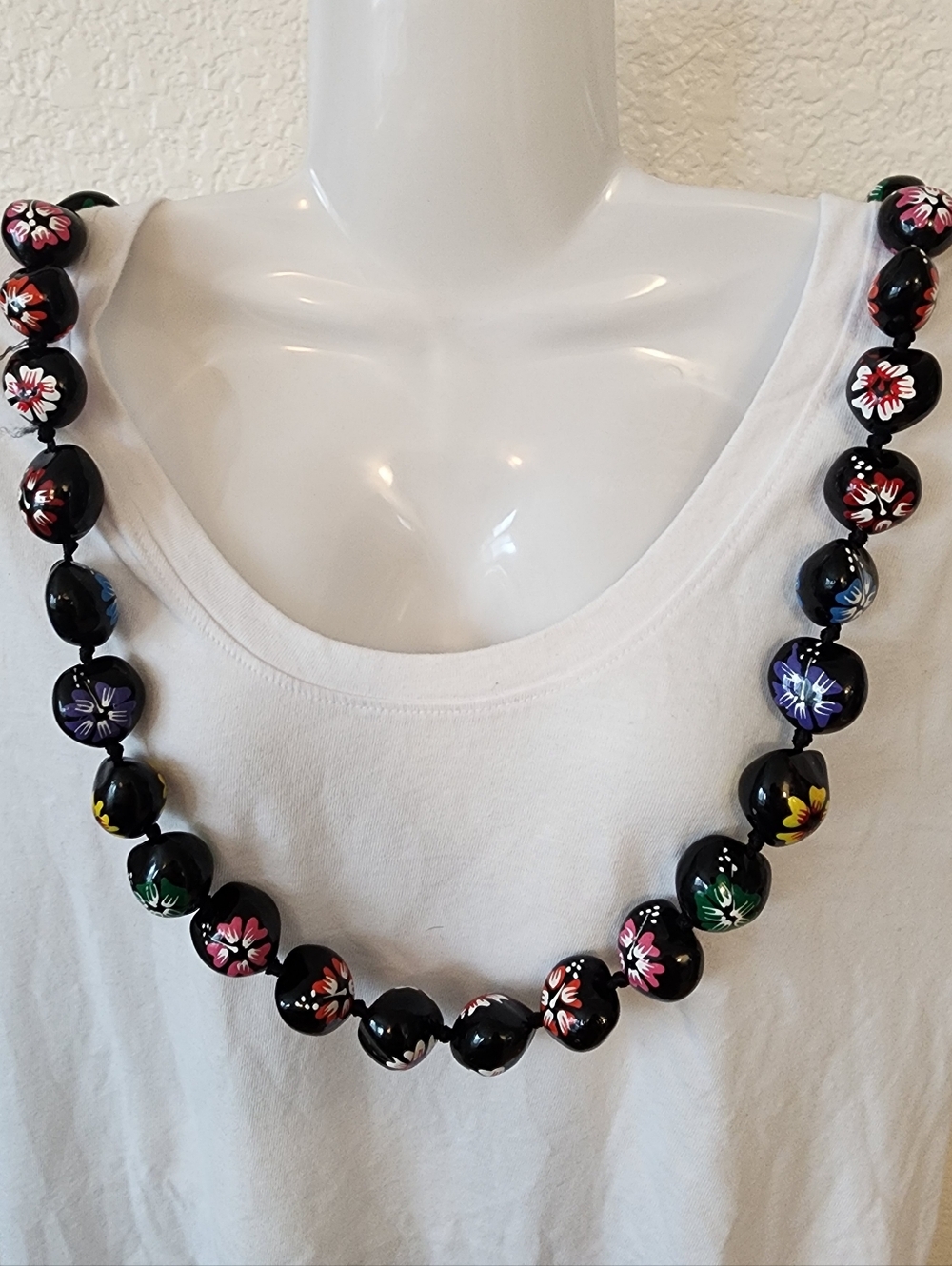 Hawaiian Kukui Nut Lei.  Hand-Painted Floral  Necklace- Women Jewelry